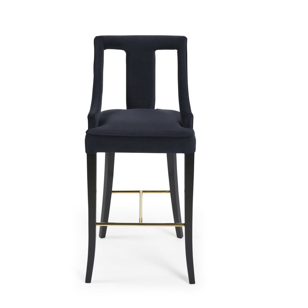 Juliette Dark Blue Velvet Bar Stool with Gold Trim Footrest - Image 9