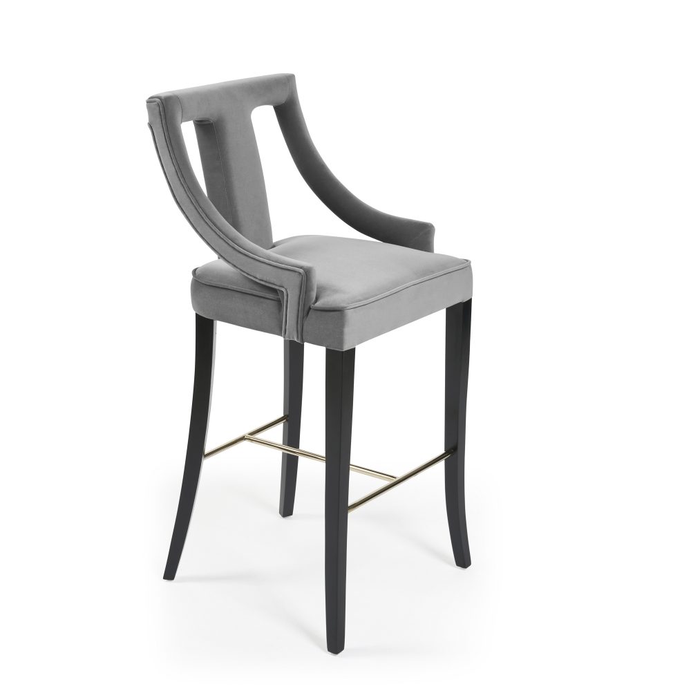 Juliette Grey Velvet Bar Stool with Gold Trim Footrest - Image 7