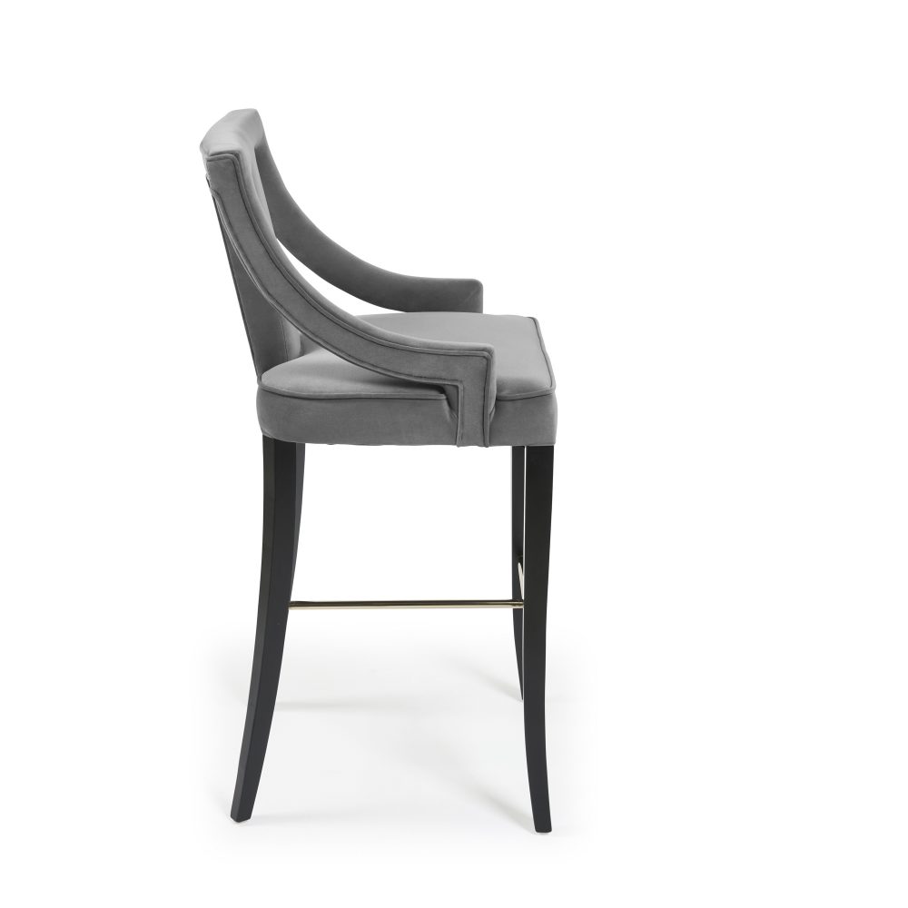 Juliette Grey Velvet Bar Stool with Gold Trim Footrest - Image 9