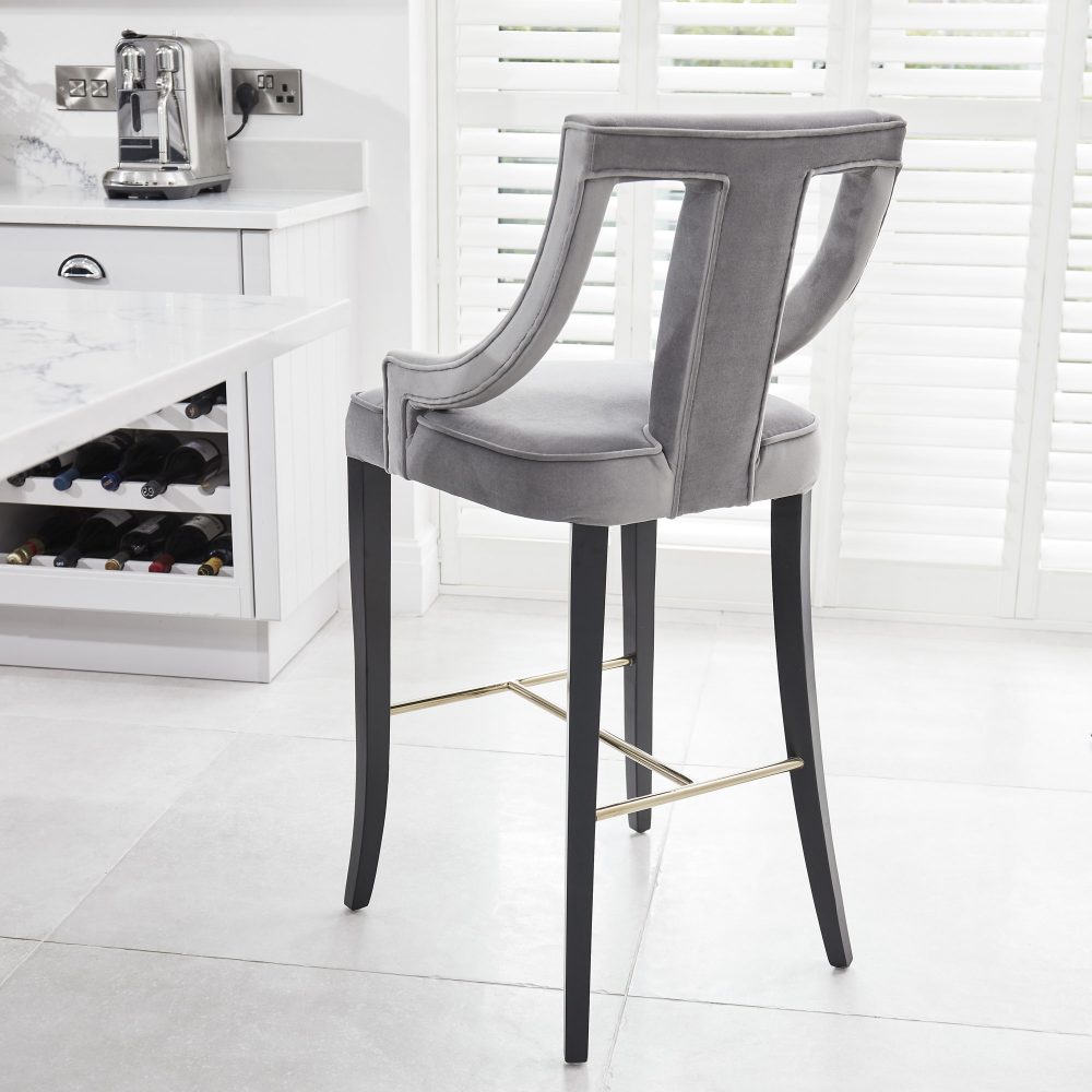 Juliette Grey Velvet Bar Stool with Gold Trim Footrest - Image 3