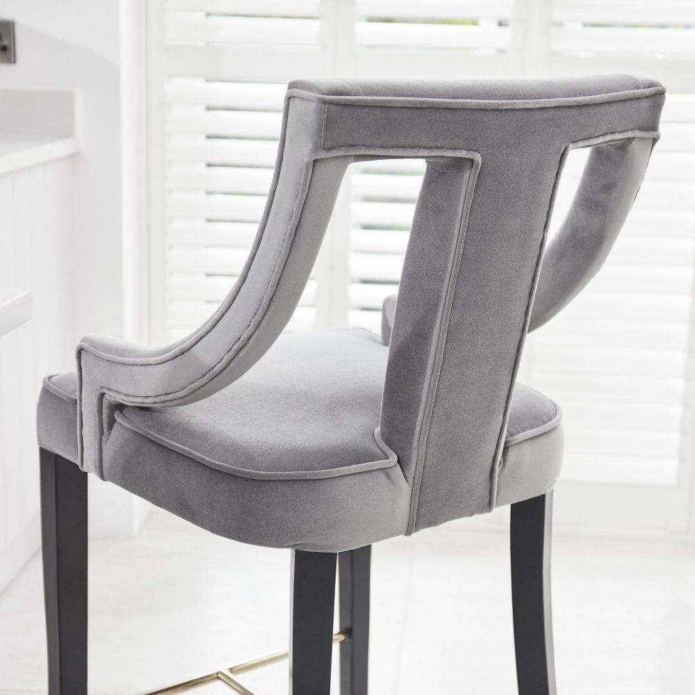 Juliette Grey Velvet Bar Stool with Gold Trim Footrest - Image 6