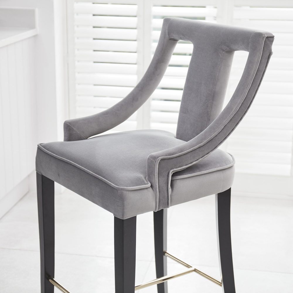 Juliette Grey Velvet Bar Stool with Gold Trim Footrest - Image 4