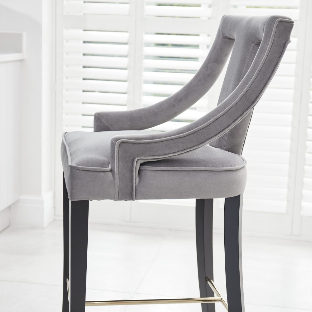 Juliette Grey Velvet Bar Stool with Gold Trim Footrest - Image 5