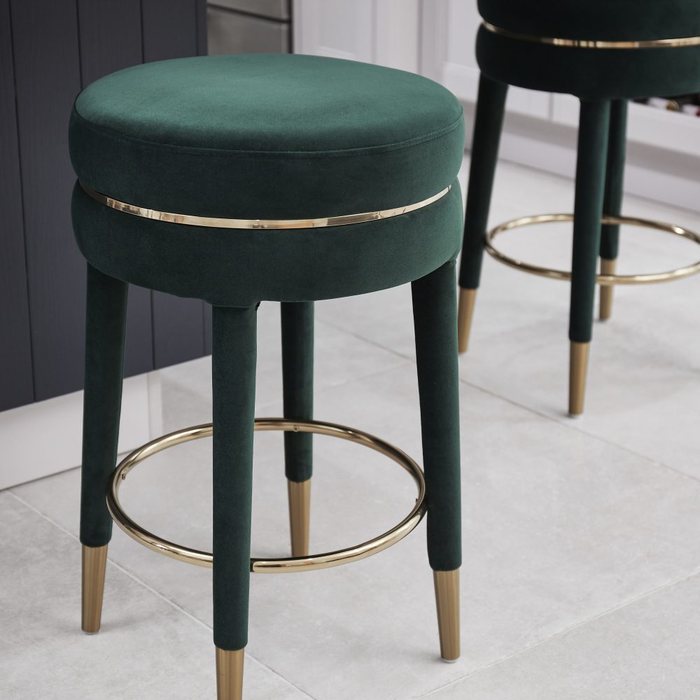 Isabel Dark Green Velvet Counter Bar Stool with Gold Trim Footrest - Image 5