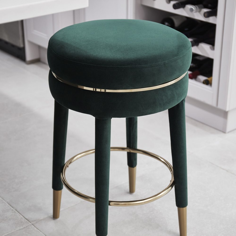 Isabel Dark Green Velvet Counter Bar Stool with Gold Trim Footrest - Image 4