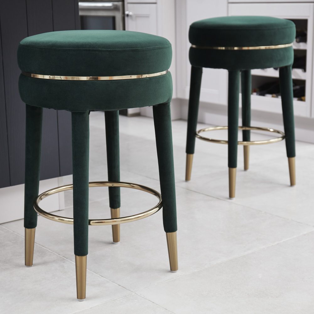 Isabel Dark Green Velvet Counter Bar Stool with Gold Trim Footrest - Image 3