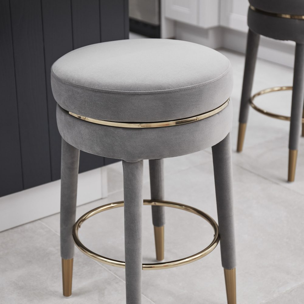 Isabel Grey Velvet Counter Bar Stool with Gold Trim Footrest - Image 5