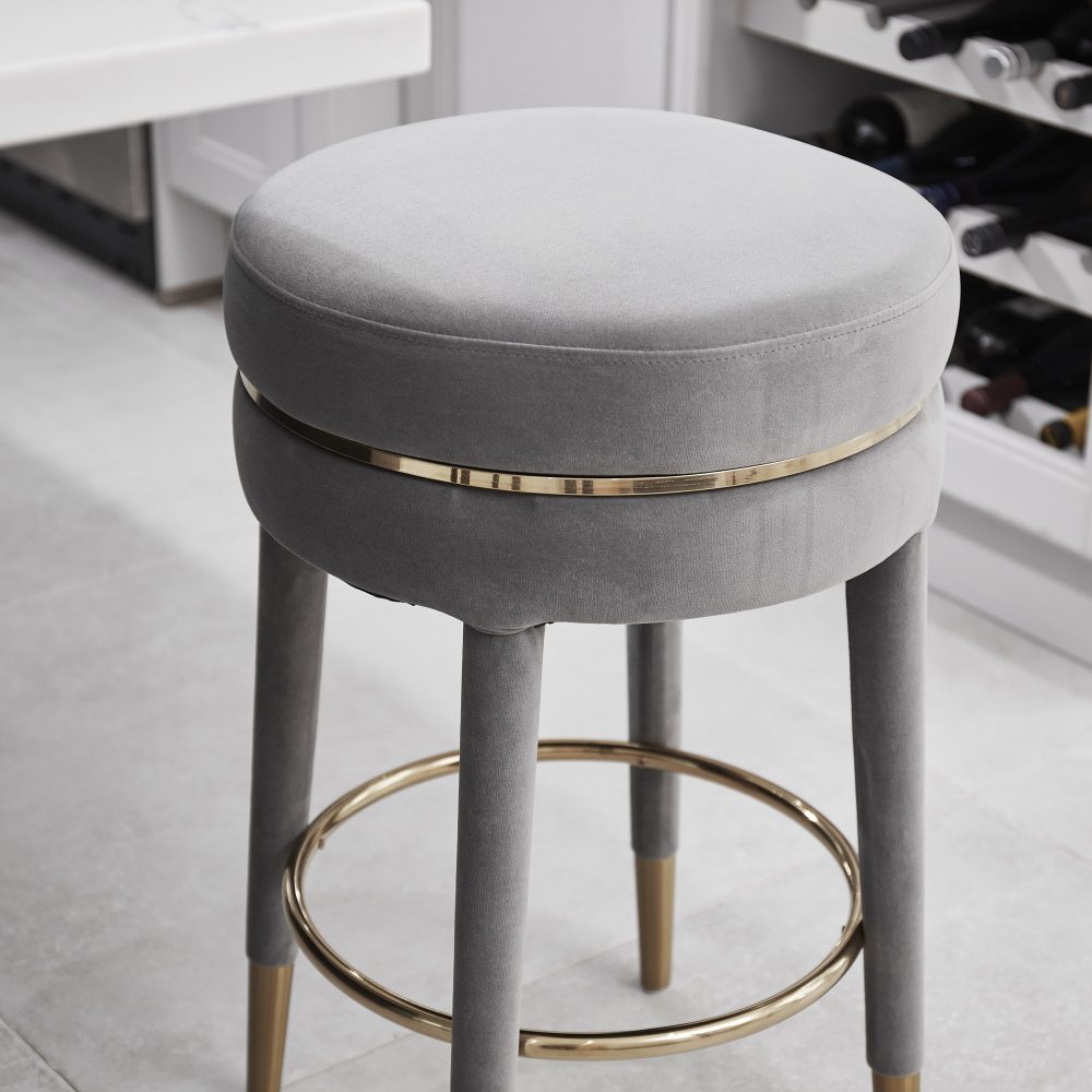 Isabel Grey Velvet Counter Bar Stool with Gold Trim Footrest - Image 4
