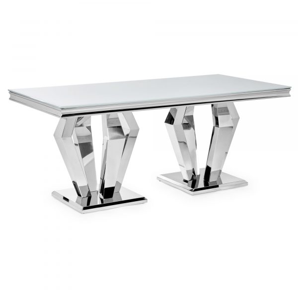 1.8m Sorrento Polished Steel Dining White Glass Table Set with 4 Chelsea Light Grey Brushed Velvet Dining Chairs