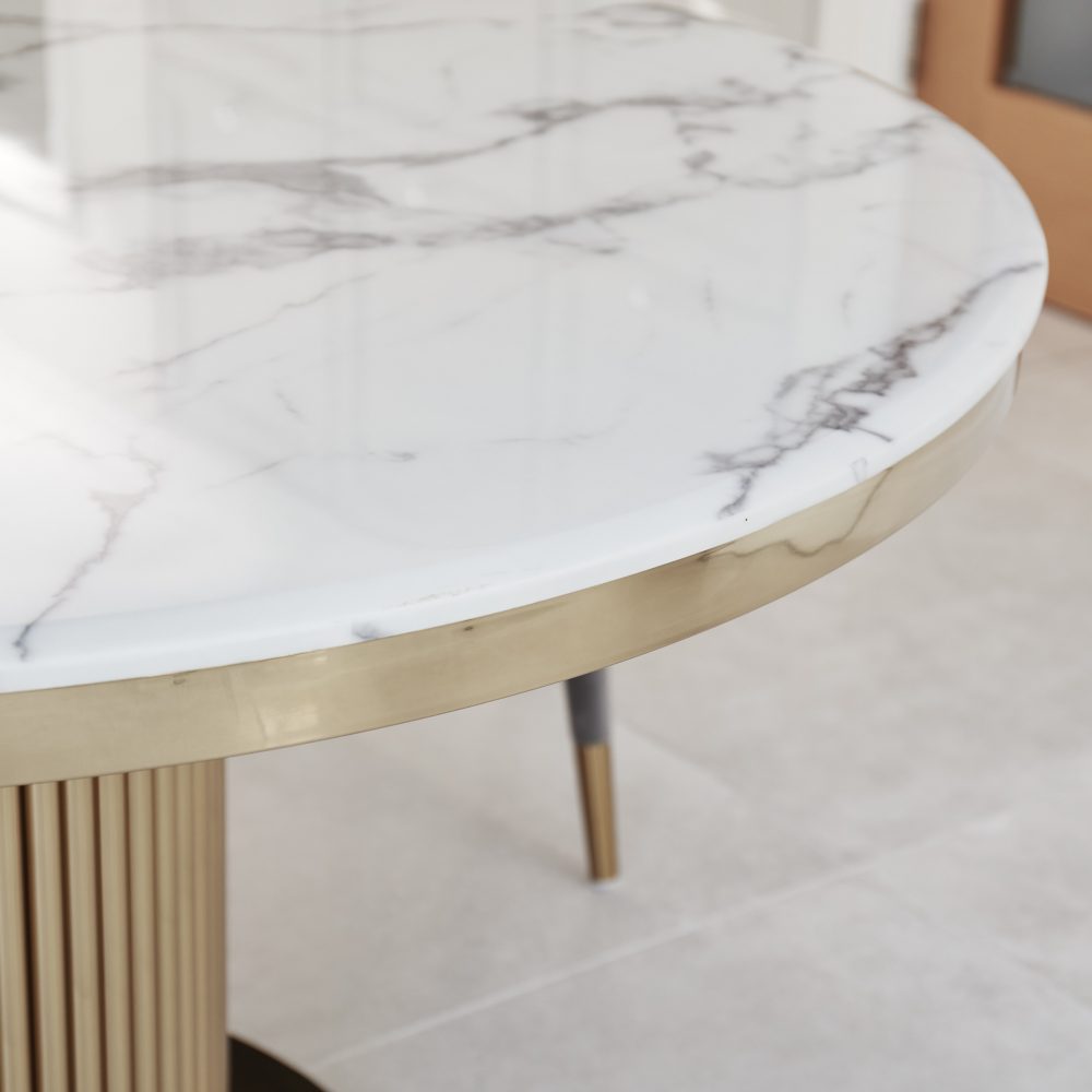 1.3M Circular Pedestal Gold Stainless Steel Dining Table with White Marble Effect - Image 4