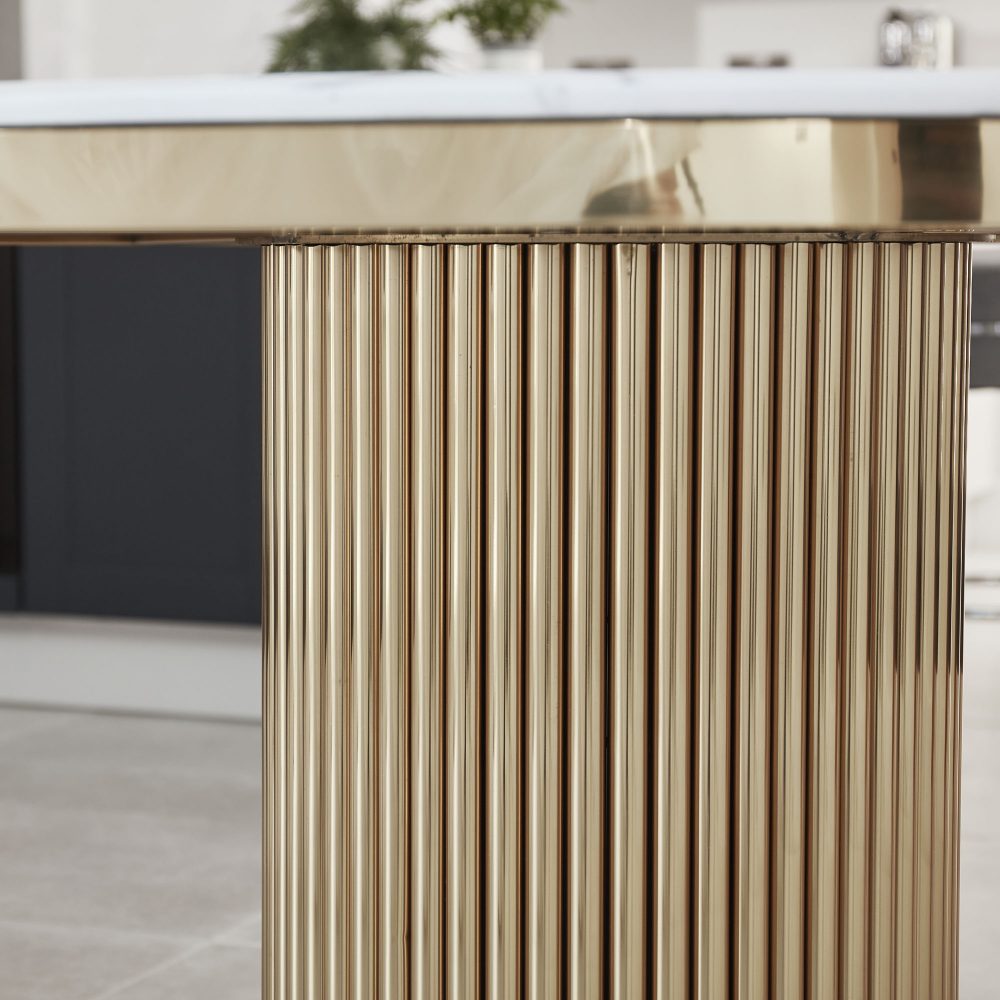 1.3M Circular Pedestal Gold Stainless Steel Dining Table with White Marble Effect - Image 3