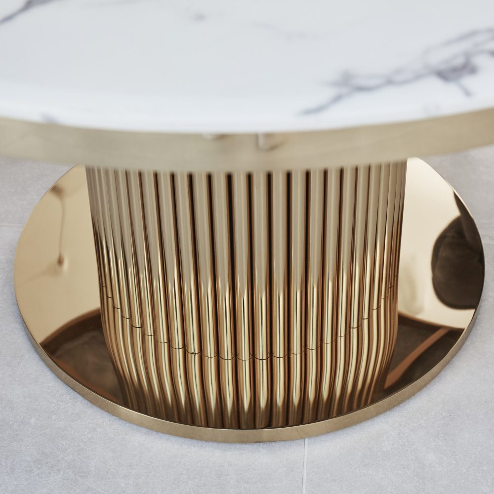 1.3M Circular Pedestal Gold Stainless Steel Dining Table with White Marble Effect - Image 5