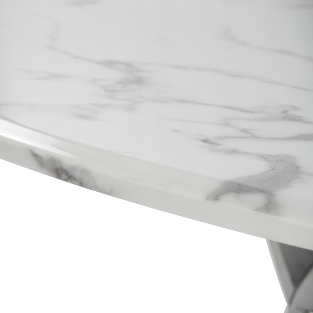 1.3M Pedestal Polished Circular Stainless Steel Dining Table with White Marble Effect - Image 10