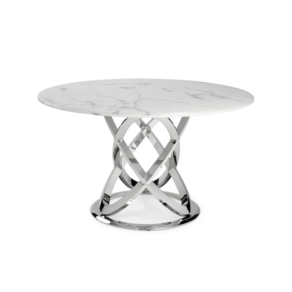 1.3M Pedestal Polished Circular Stainless Steel Dining Table with White Marble Effect - Image 6