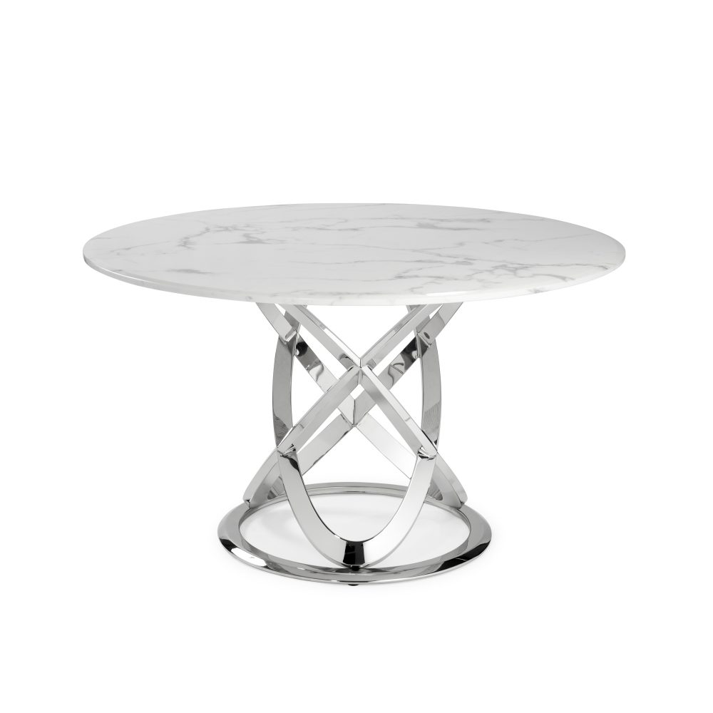 1.3M Pedestal Polished Circular Stainless Steel Dining Table with White Marble Effect - Image 7