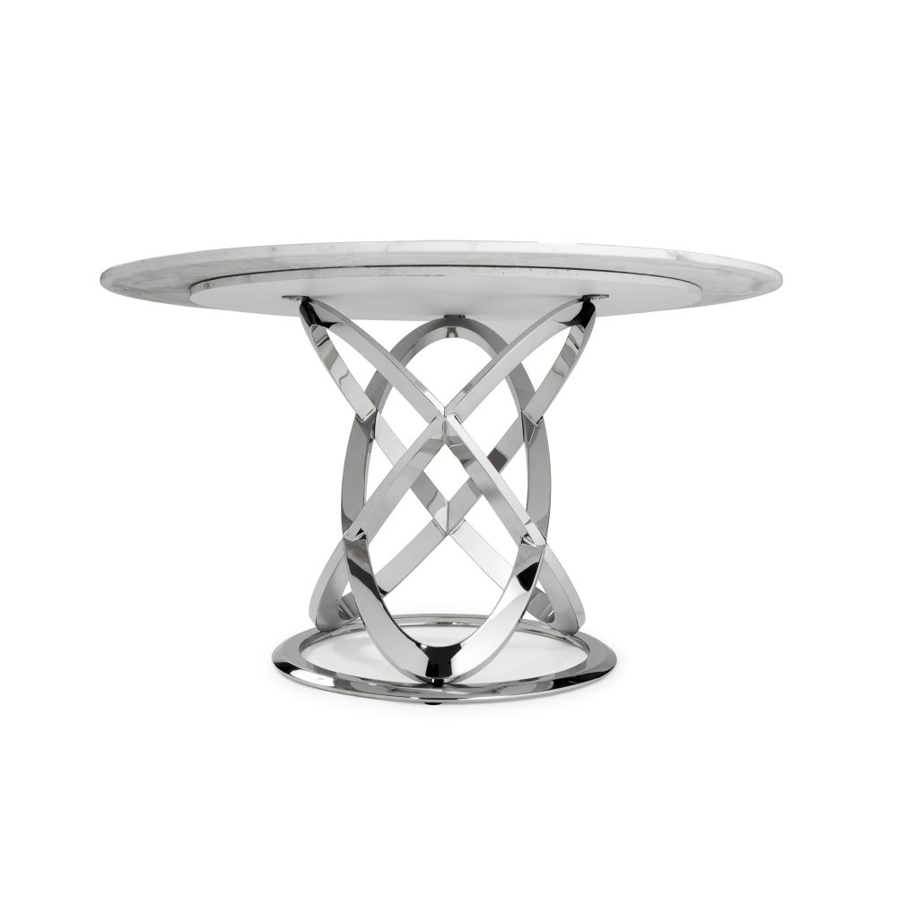 1.3M Pedestal Polished Circular Stainless Steel Dining Table with White Marble Effect - Image 8