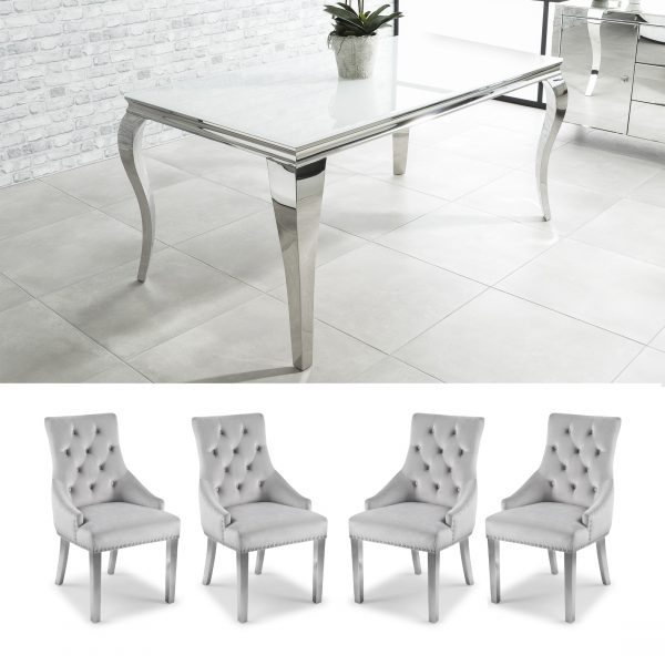 1.8m Louis Polished Steel Dining White Glass Table Set with 4 Chelsea Light Grey Brushed Velvet Dining Chairs