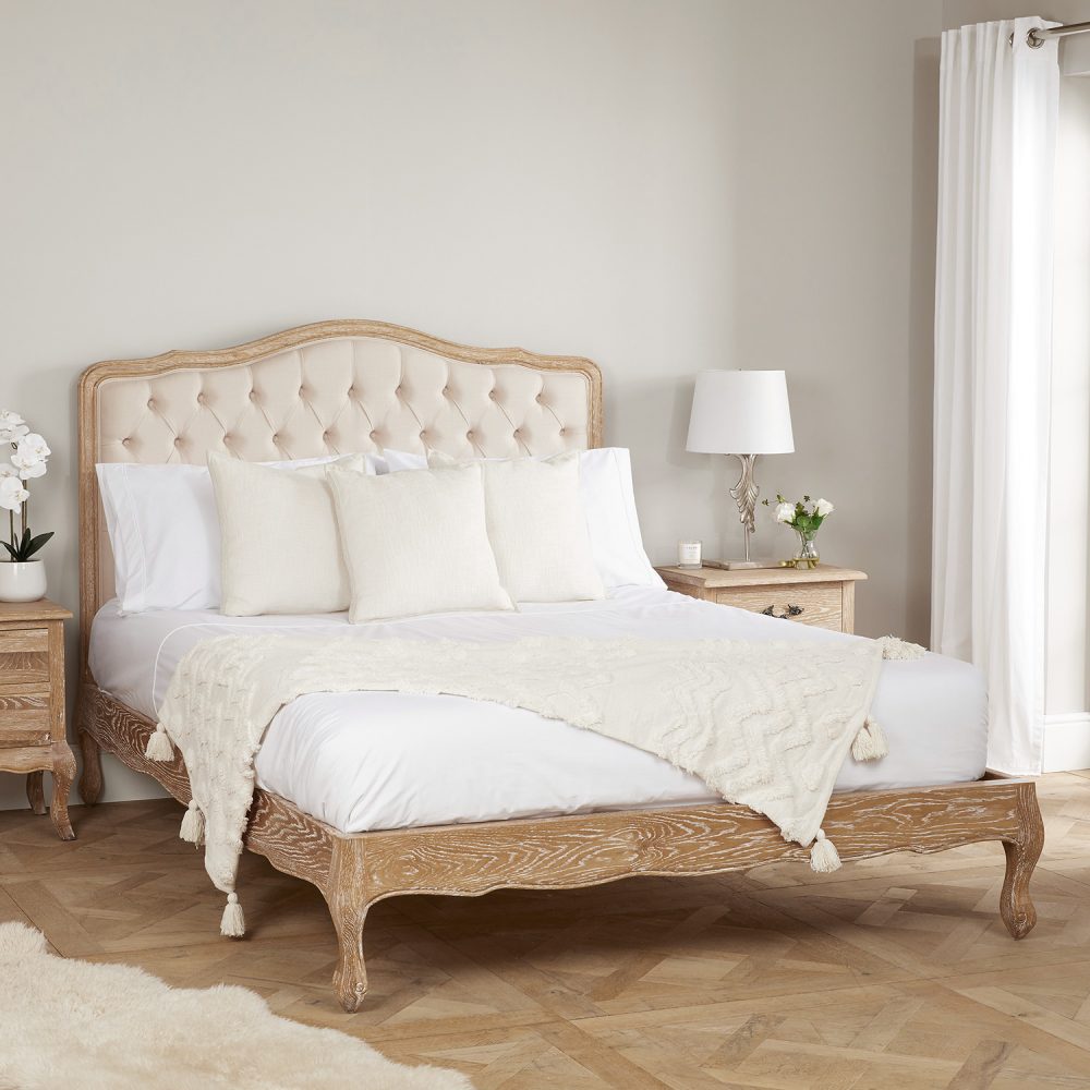 Eléa French Limed Oak Upholstered Button Back Low Foot Board Bed - Double Size