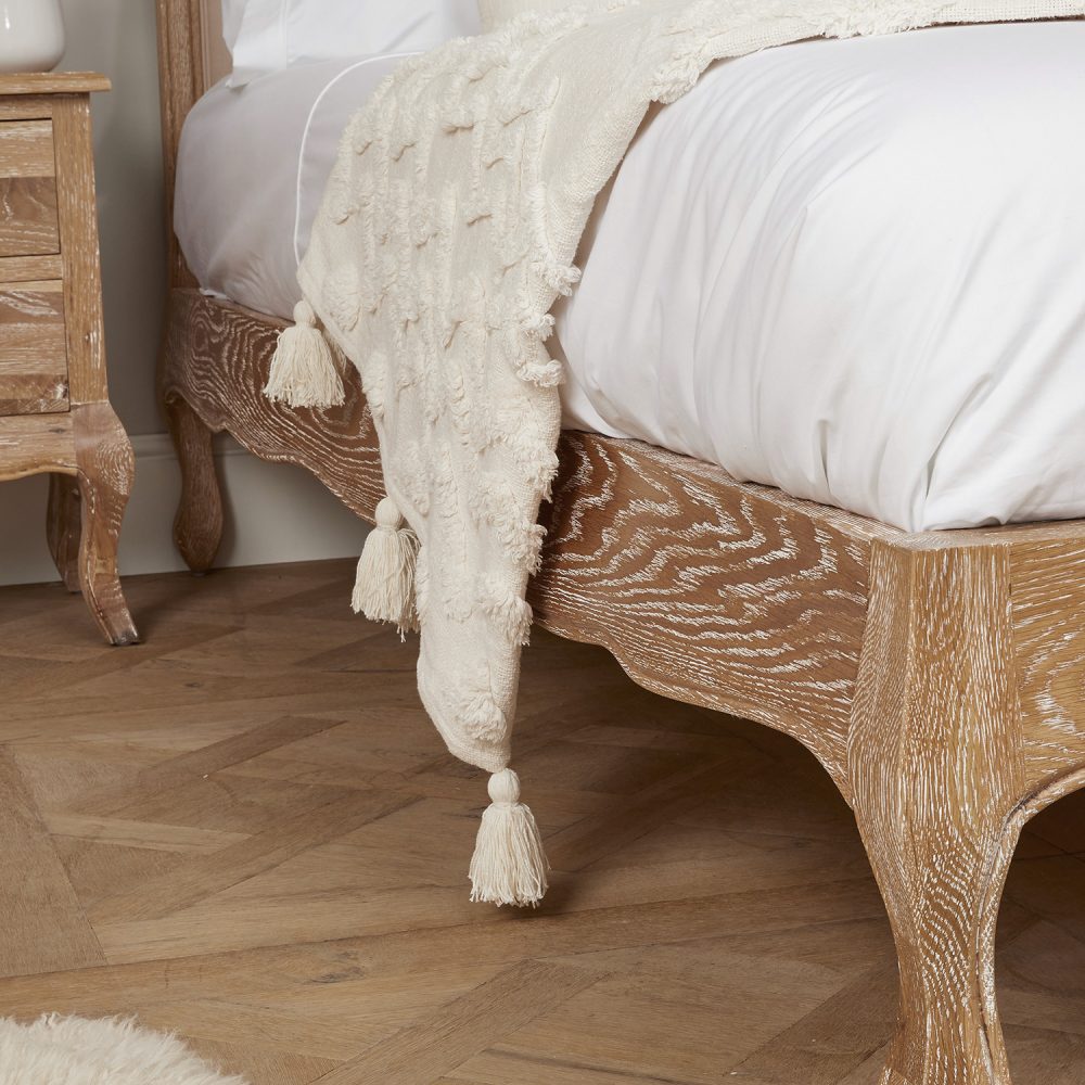Eléa French Limed Oak Upholstered Button Back Low Foot Board Bed - Double Size - Image 6