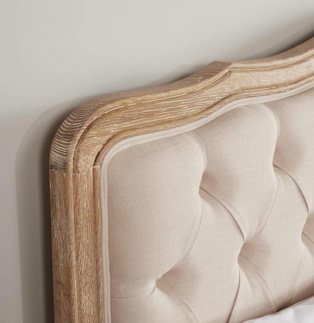 Eléa French Limed Oak Upholstered Button Back Low Foot Board Bed - Double Size - Image 5