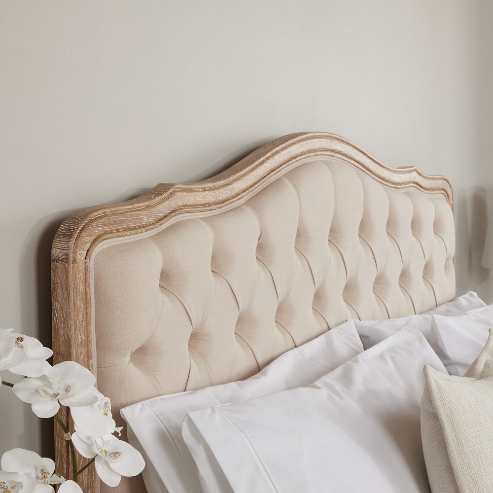Eléa French Limed Oak Upholstered Button Back Low Foot Board Bed - Double Size - Image 4