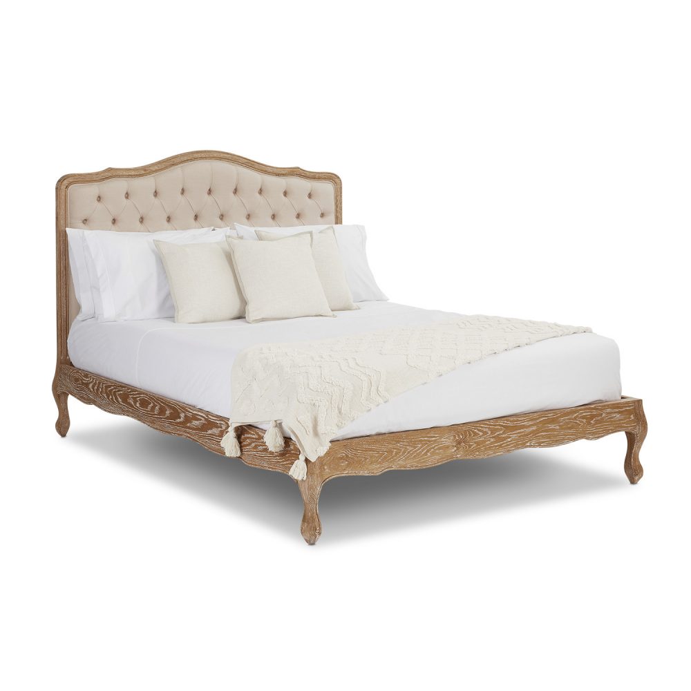 Eléa French Limed Oak Upholstered Button Back Low Foot Board Bed - Double Size - Image 8