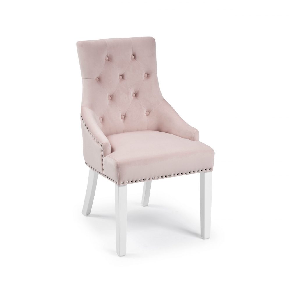 Chelsea Pink Brushed Velvet Upholstered Scoop Dining Chair - White Legs - Image 4