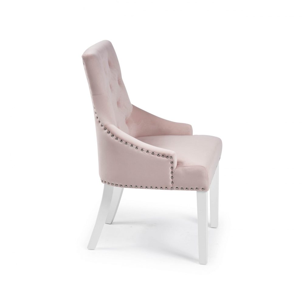 Chelsea Pink Brushed Velvet Upholstered Scoop Dining Chair - White Legs - Image 6