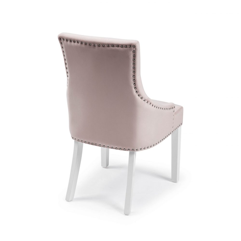 Chelsea Pink Brushed Velvet Upholstered Scoop Dining Chair - White Legs - Image 5