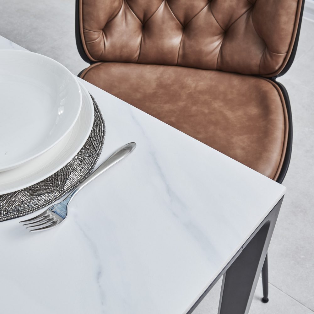 Bellagio 1.6M White Sintered Stone Dining Table Set with 4 x Thiago Tan Dining Chairs - Image 3
