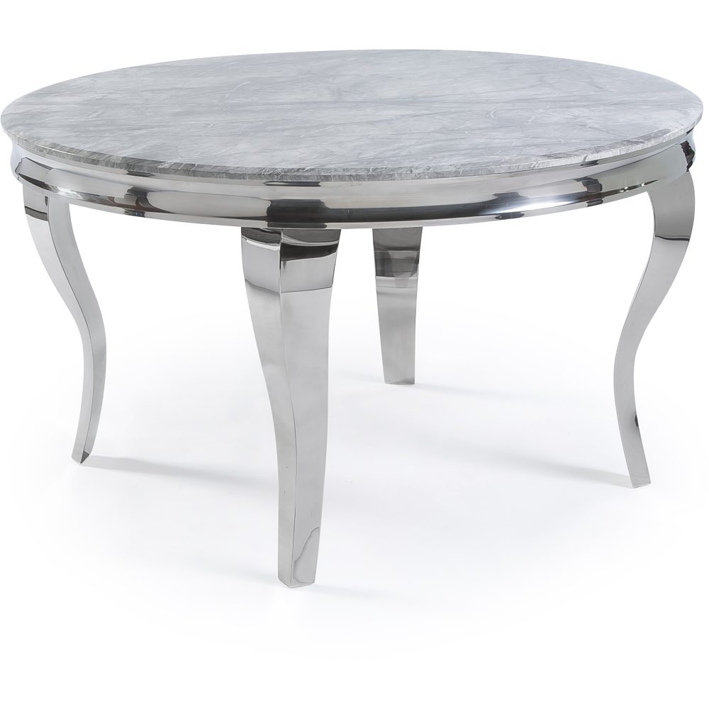CLEARANCE 1.3m Louis Grey Round Marble Dining Table With Polished Circular Stainless Steel Legs