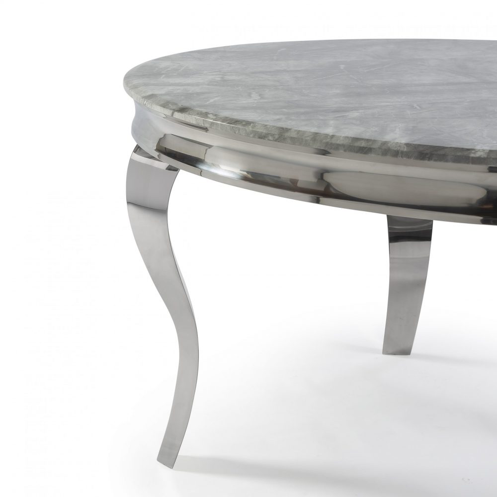 CLEARANCE 1.3m Louis Grey Round Marble Dining Table With Polished Circular Stainless Steel Legs - Image 4