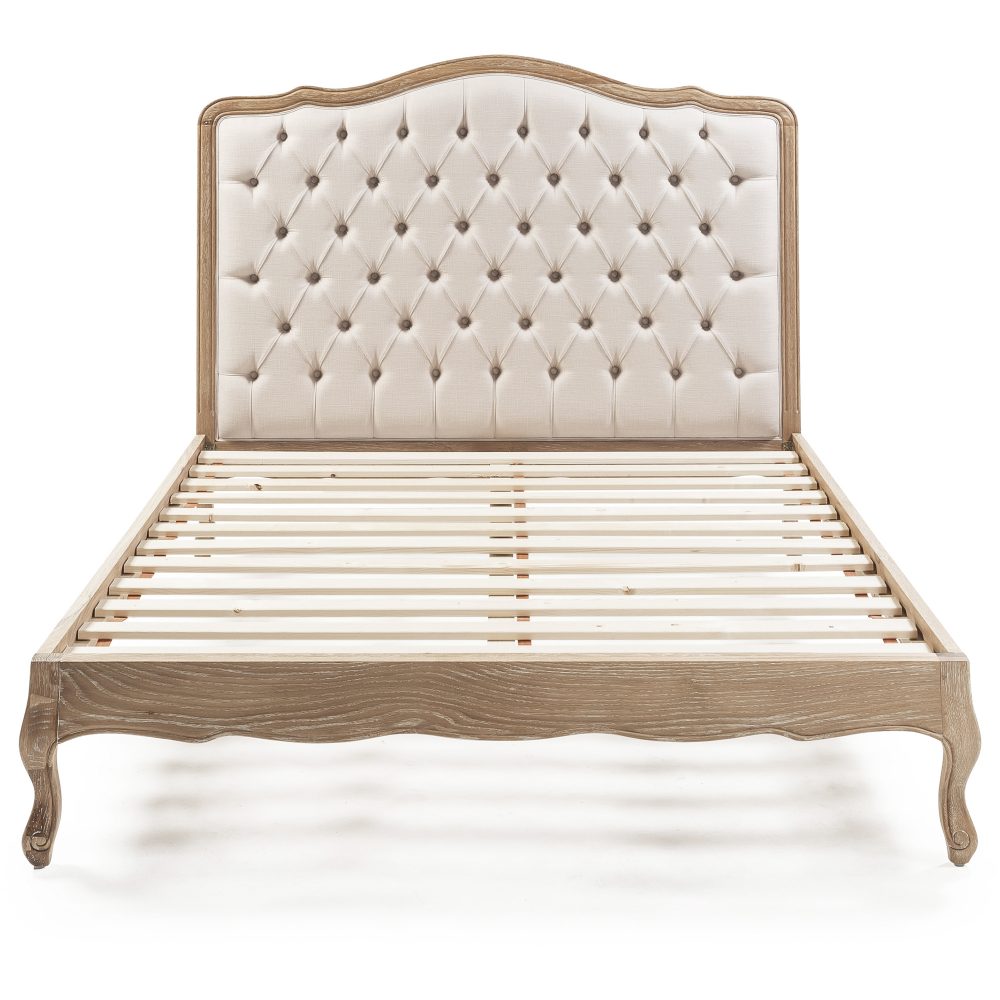 Eléa French Limed Oak Upholstered Button Back Low Foot Board Bed - Double Size - Image 10