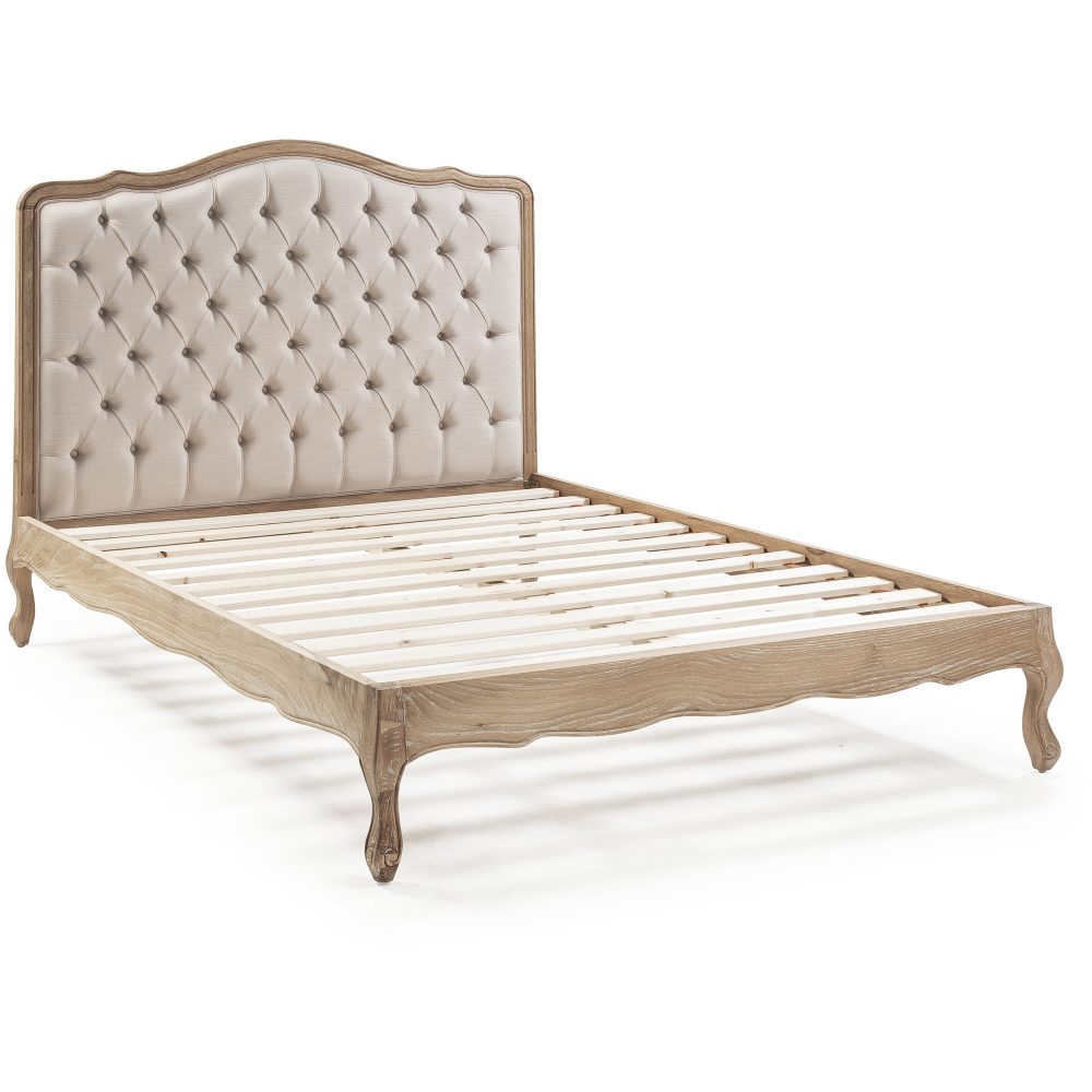 Eléa French Limed Oak Upholstered Button Back Low Foot Board Bed - Double Size - Image 9