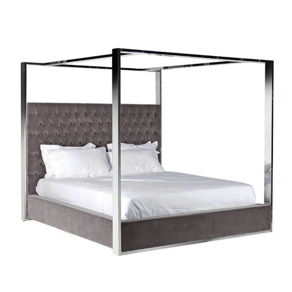 6ft Boston Super King Size Polished Steel Velvet Four Poster Bed - Image 8
