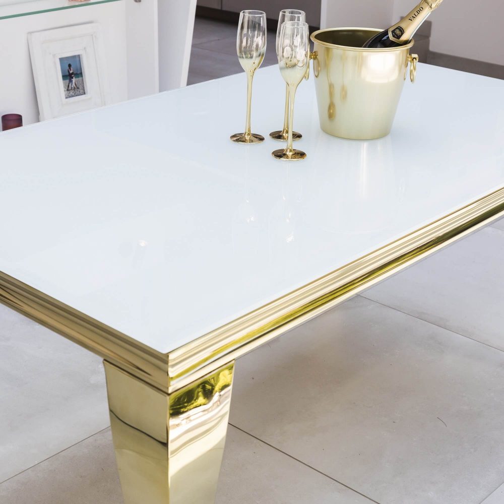 1.8M Louis Dining Table With White Glass Top & Gold Polished Steel Base - Image 3