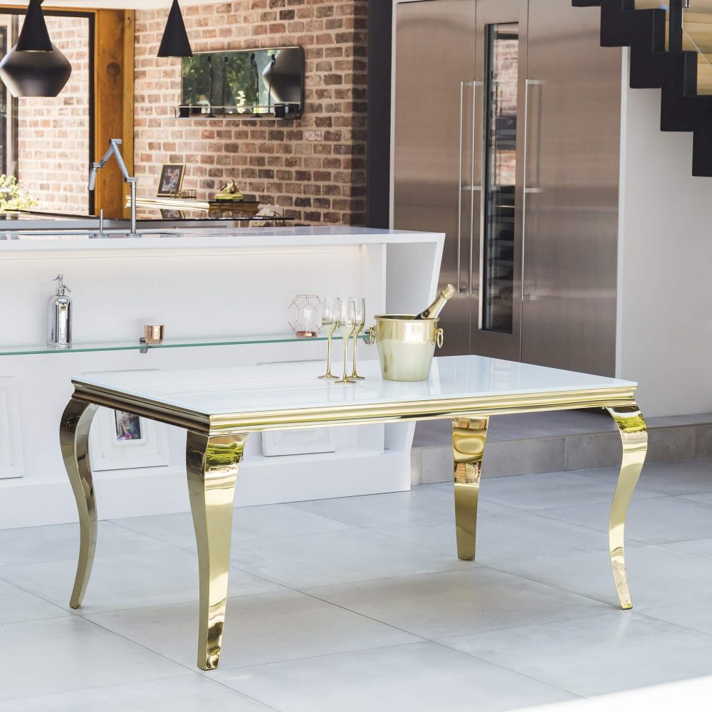 1.8M Louis Dining Table With White Glass Top & Gold Polished Steel Base - Image 4