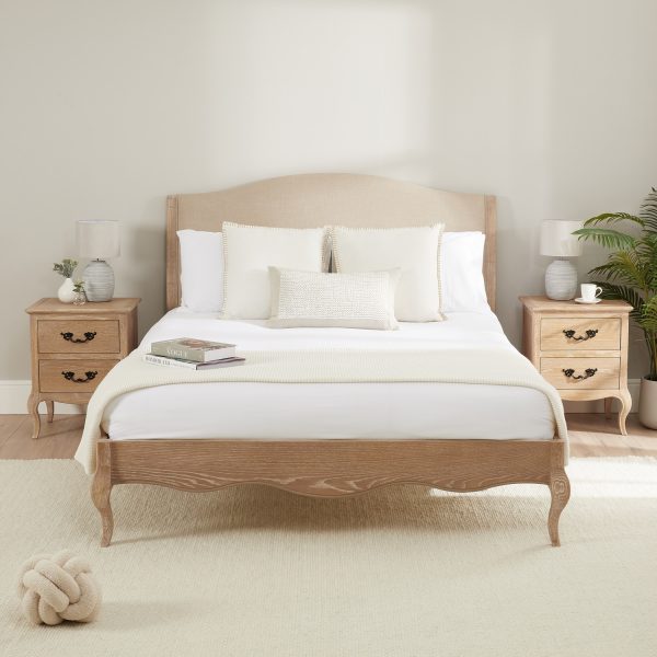 Lille French Limed Oak Upholstered Bed And Two Matching Bedside Tables – Double Size