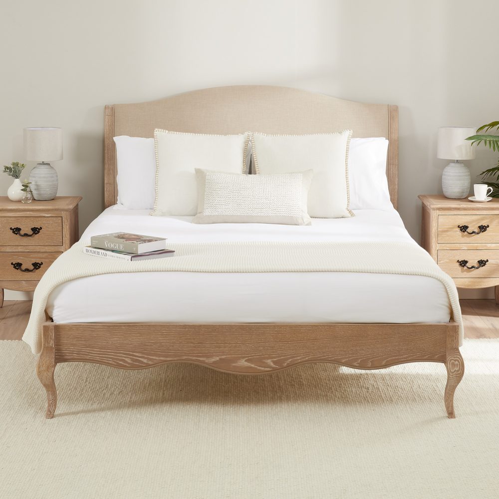 Lille French Limed Oak Upholstered Bed And Two Matching Bedside Tables - Double Size - Image 4