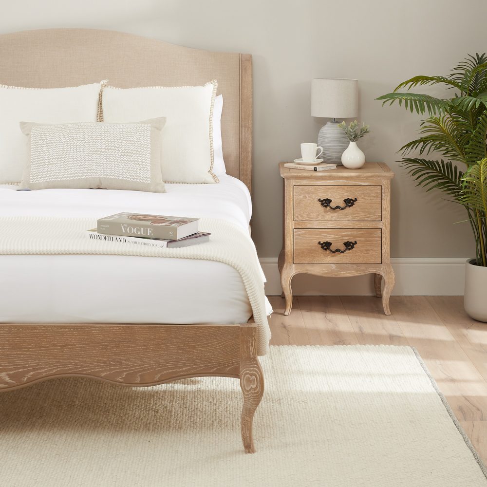 Lille French Limed Oak Upholstered Bed And Two Matching Bedside Tables - Double Size - Image 5