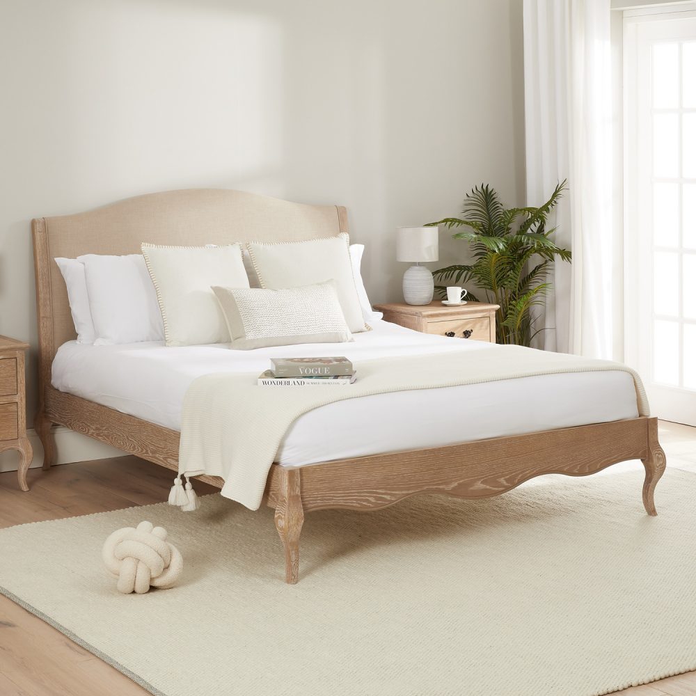 Lille French Limed Oak Upholstered Bed And Two Matching Bedside Tables - Double Size - Image 3
