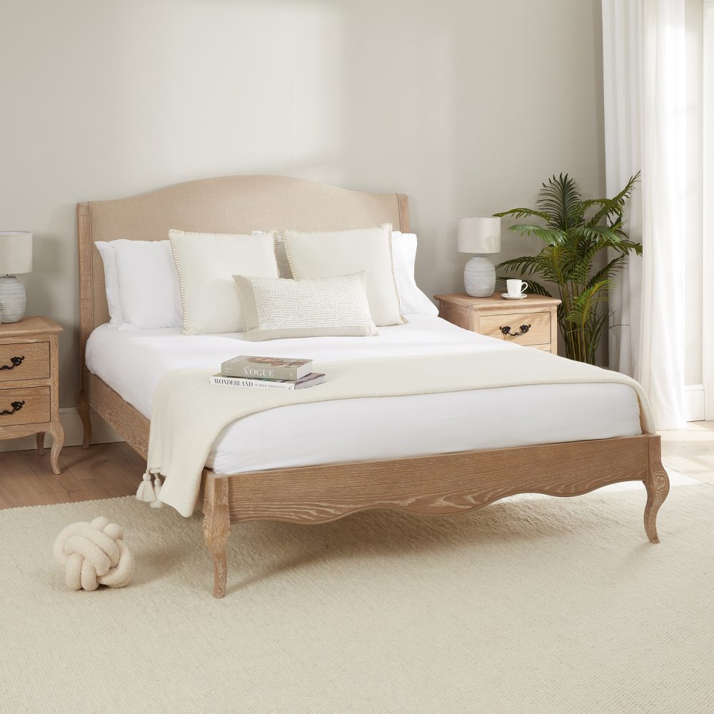 Lille French Limed Oak Upholstered Bed And Two Matching Bedside Tables - Double Size - Image 6