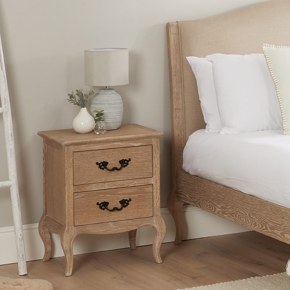 Lille French Limed Oak Two Drawer Bedside Table - Image 6