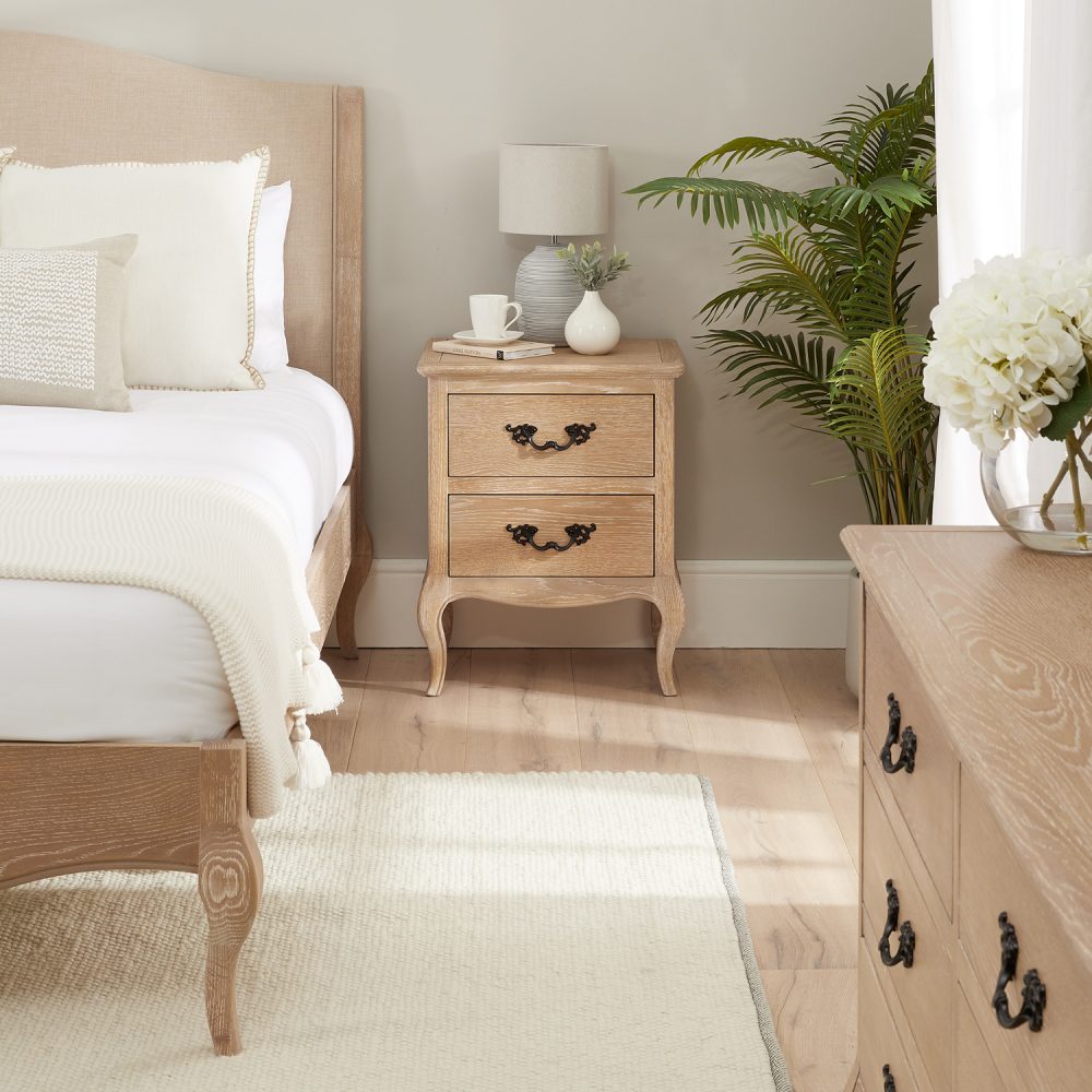 Lille French Limed Oak Upholstered Bed And Two Matching Bedside Tables - Double Size - Image 10