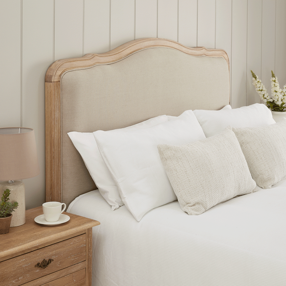 Clementine French Whitewash Oak Upholstered Divan Base Headboard - Super King Size