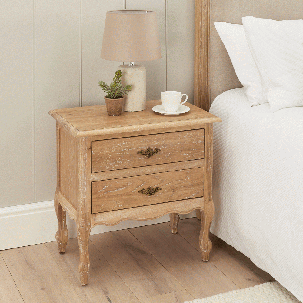 French Limed Oak Louis Two Drawer Bedside Table - Image 3