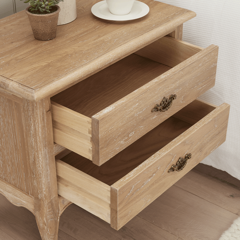 French Limed Oak Louis Two Drawer Bedside Table - Image 4