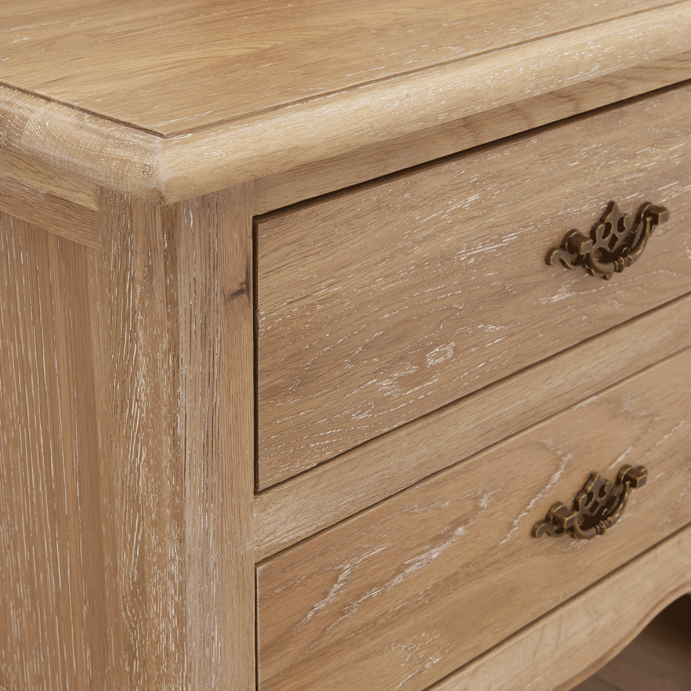 French Limed Oak Louis Two Drawer Bedside Table - Image 5