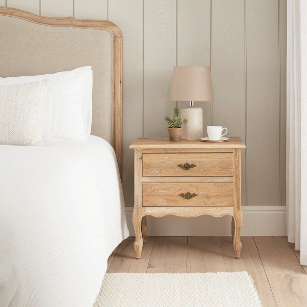 French Limed Oak Louis Two Drawer Bedside Table