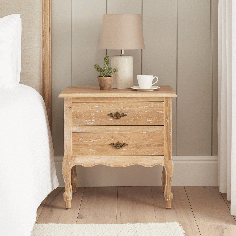 French Limed Oak Louis Two Drawer Bedside Table - Image 2